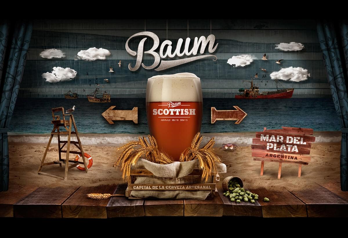 baum la playa. Ilustraciones, arte, diseño, collage. Cerveza Baum