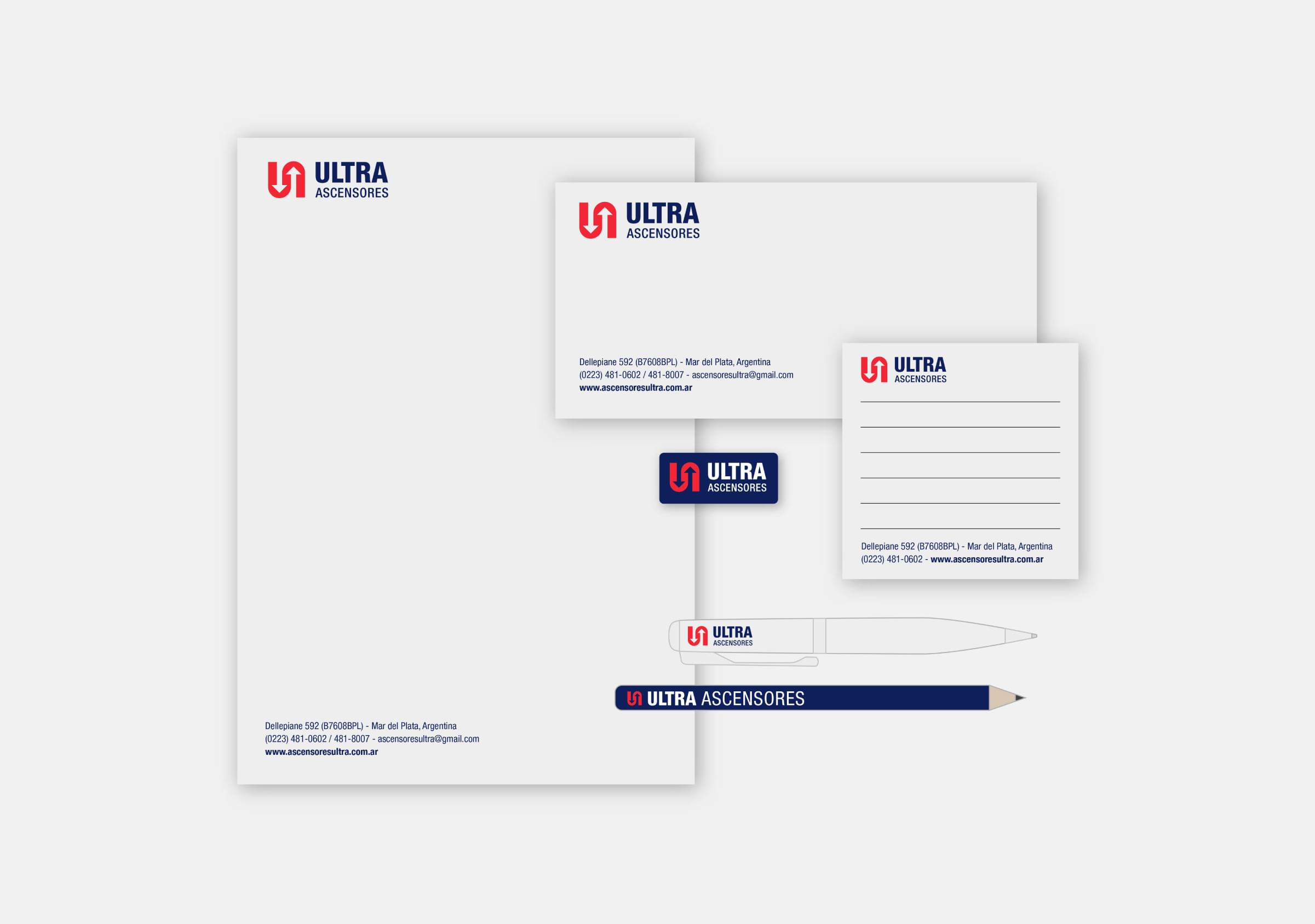 Rebranding-Ultra Ascensores-Aplicación-Papelería
